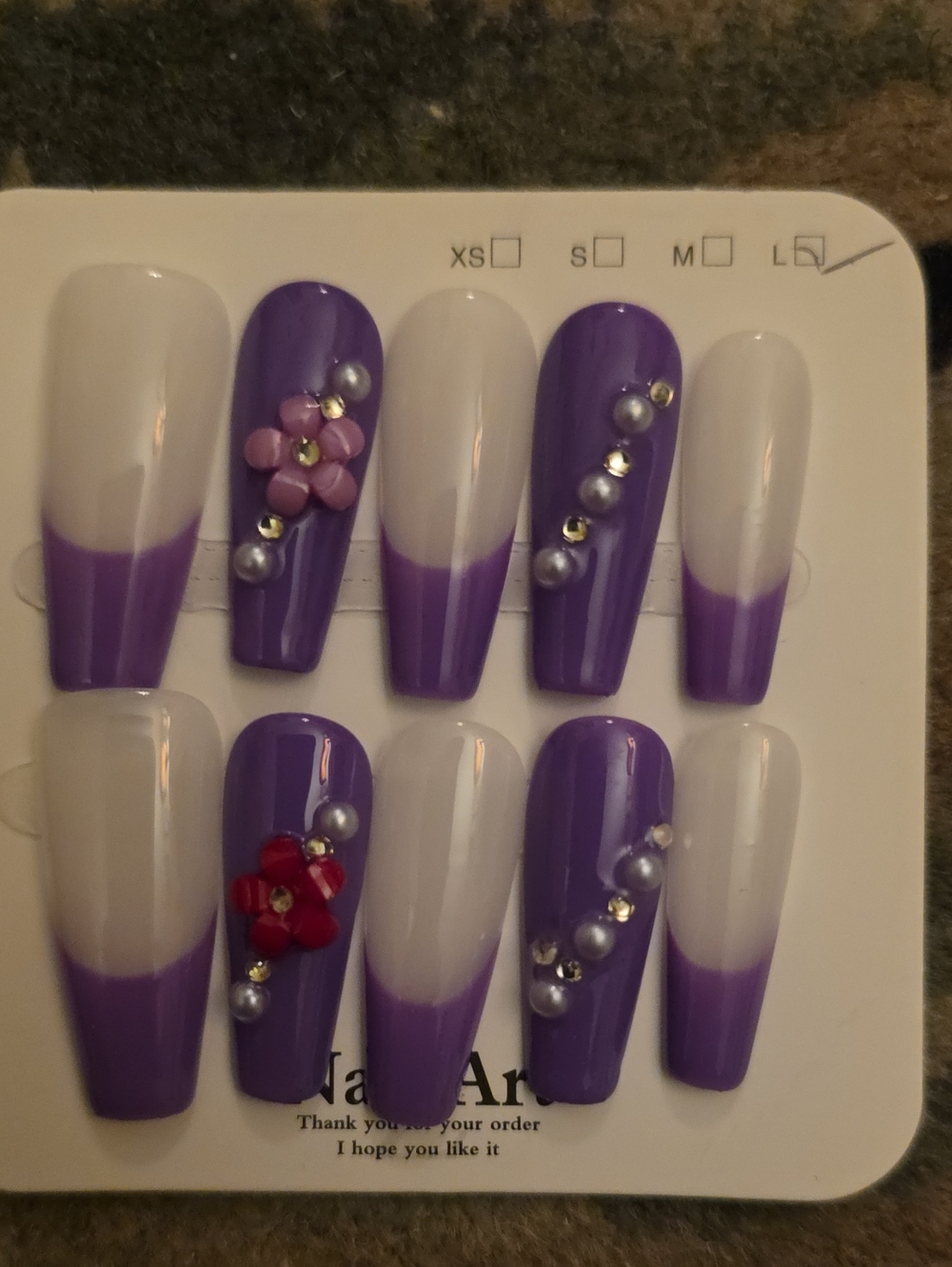 Purple and White Floral Accent Press-On Nails Size Large